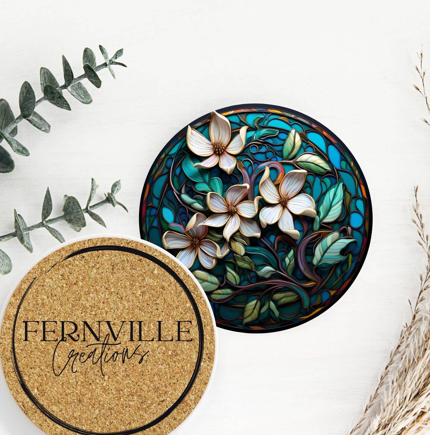 Fernville Creations - Wholesale Coasters - Magnolias Ceramic Coaster with Cork Back for Home Decor5