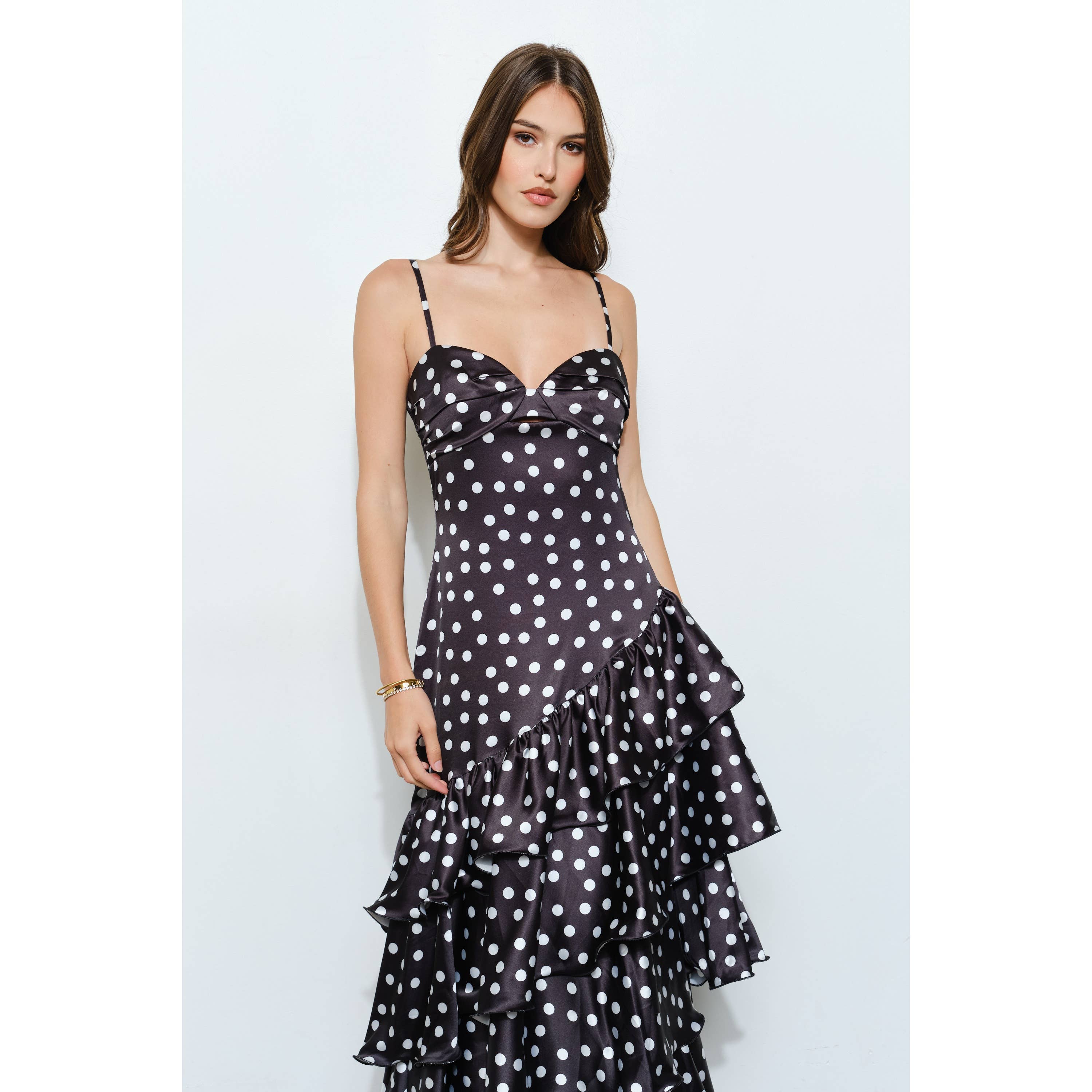 INA – wholesale Dress – Women's – Satin Polka Dot Tiered Ruffle Maxi Dress14