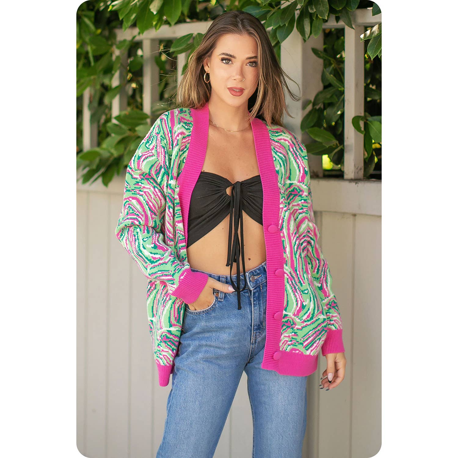 Rosa/Grön Multi Swirl Print Stickad Cardigan för wholesale på Faire9