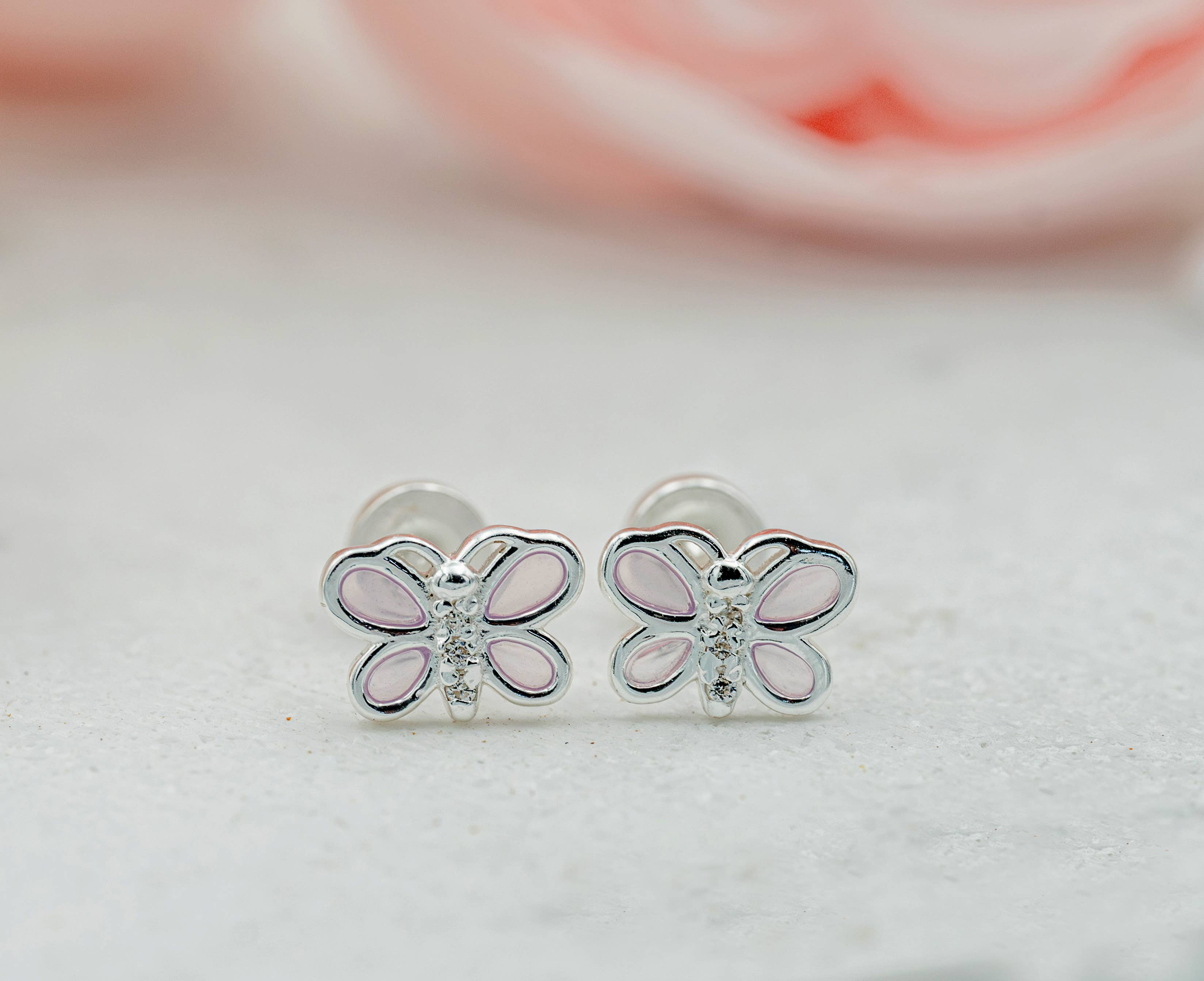 Cherished Moments – brincos - Crianças por atacado – Brincos de borboleta rosa com rosca para meninas em prata esterlina1