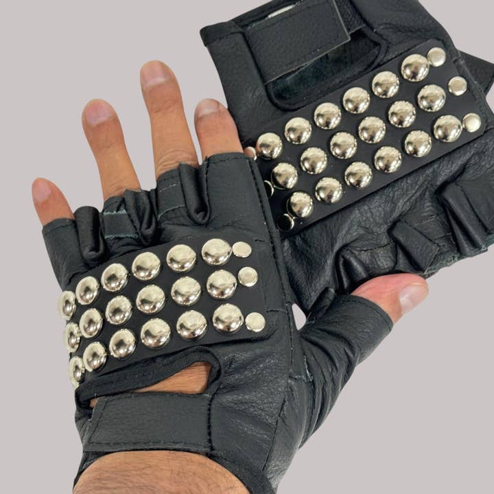 FG107ROUND STUDDED FINGERLESS GLOVES PAIR for wholesale by Funk Plus
