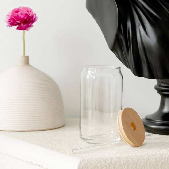 Weddingstar Inc. - Wholesale Drink Lids - Round Bamboo Lid with Straight Glass Straw - Natural