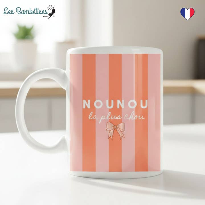 Mug Nounou la plus chou - Rayures Pêche pour la vente par les bambetises