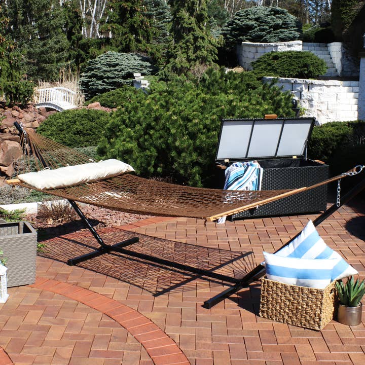 Large Rope Hammock with Spreader Bar and Pillow - Brown for wholesale by Sunnydaze Decor