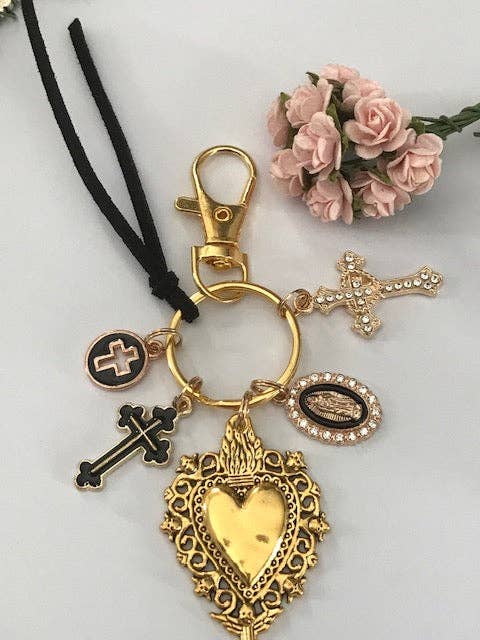 Miss DJ Angel - Wholesale Keychain - Women's - Virgin Mary keychain with sacred heart and cross, gift for virgin mother, miraculous medal virgin charm, ex-voto keychain2