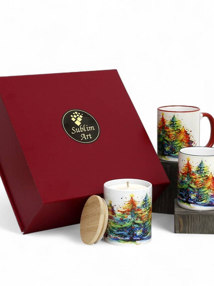 SUBLIMART : Coffret de luxe en céramique de Noël design - 2 tasses (Rouge+Vert) + 1 bougie pour la vente par SublimArt