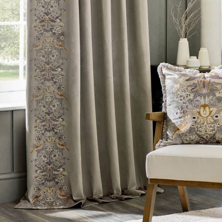 Strawberry Thief Velvet Pencil Pleat Curtains Biscuit for wholesale on Faire3