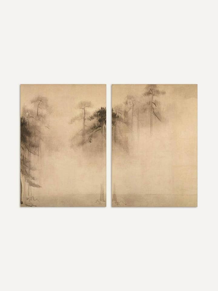 Wabi-Sabi Pijnboom Schets – Minimalistisch 2-delig Beeldenset voor wholesale door Modern Antique Prints