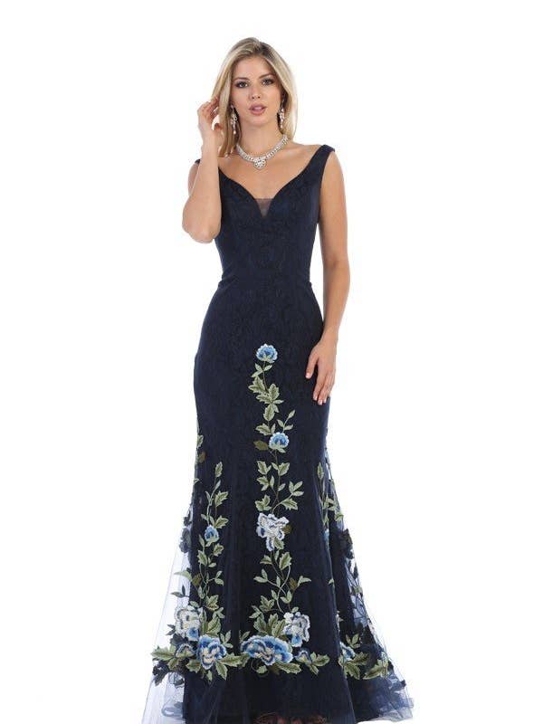 Robe longue fleurie à col en V avec broderie. LM8016 pour la vente par Chicas