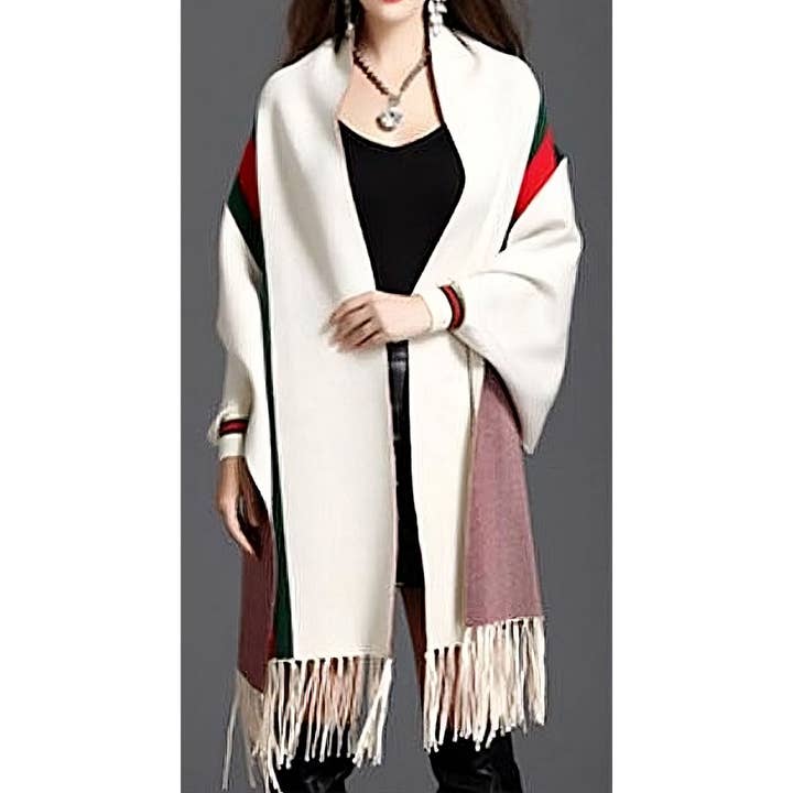 Green Red Stripe Arm Sleeve Tassel Shawl for wholesale by Diacly