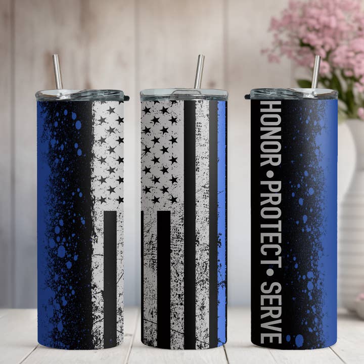 Honor, Protect, and Serve Blue Flag 20oz/30oz Skinny Tumbler for wholesale by Honey Jar Creations