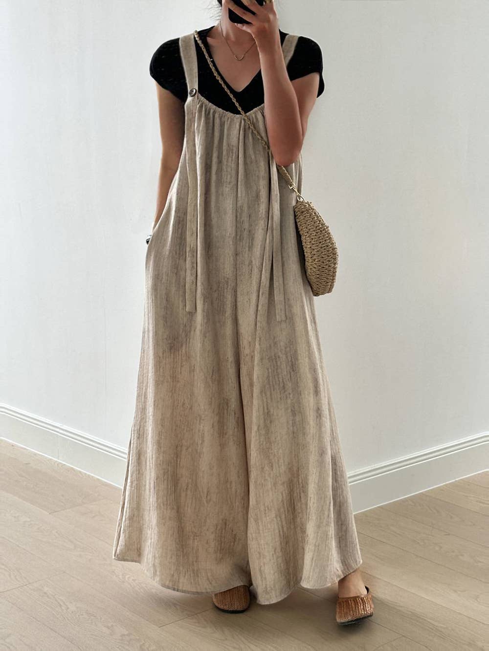 beige Slouchy overalls with 4% linen blend for wholesale on Faire18