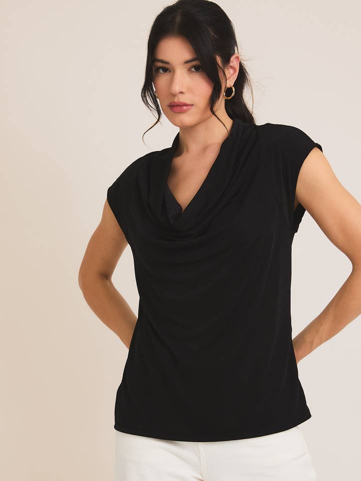 Black SHORT SLEEVE COWL NECK TOP for wholesale on Faire