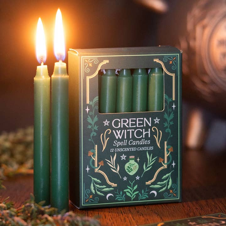 Pack of 12 Green Witch Spell Candles for wholesale by Something Different Wholesale