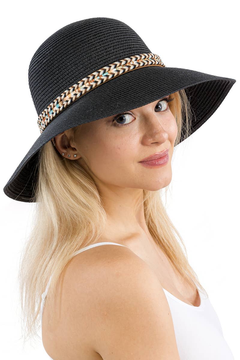 Cap Zone – wholesale Stråhatt – Dam – Cap Zone solhatt i derbystil med kupad kulle och tribalmönstrad kant i halm12
