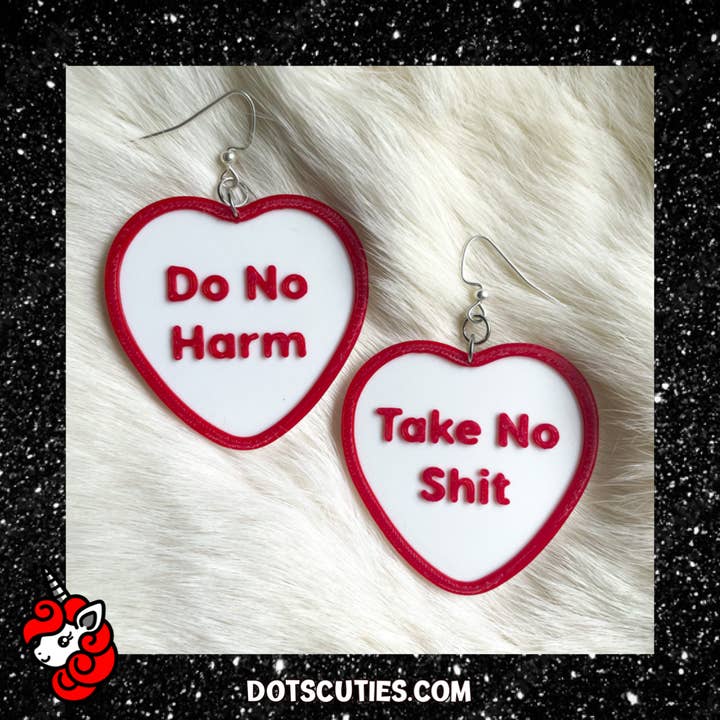 Do No Harm Conversation Heart dangle earrings | witch, wicca, pastel goth, cute, kawaii, Valentine's Day, love, candy for wholesale by Dot's Cuties