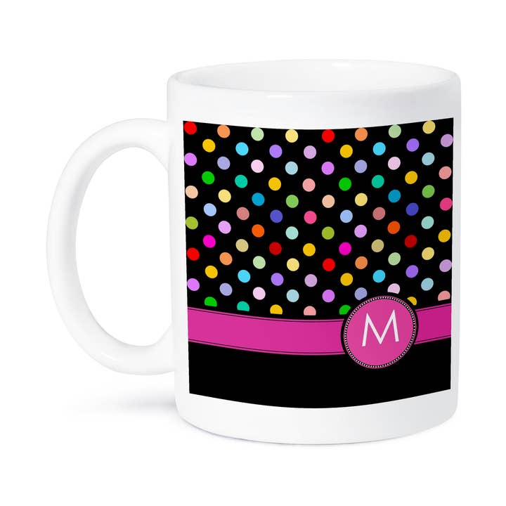 3dRose - Wholesale Coffee Mug - 3dRose, Letter M monogrammed on rainbow polka dots pattern with hot pink personal initial - girly multicolor, Mug8