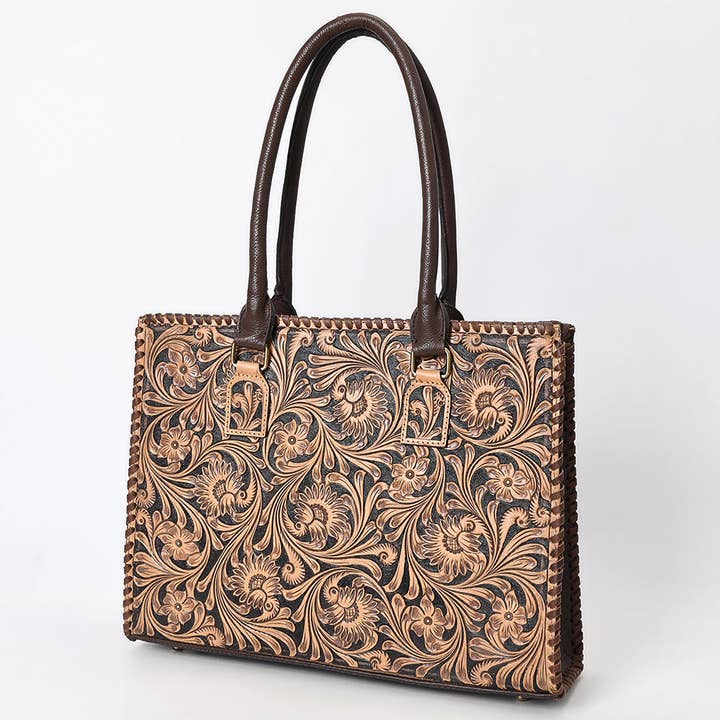 ADBGA583 Hand-Tooled Genuine Leather Western Tote Bag Structured Cowgirl Work & Travel Purse for wholesale by LS Western