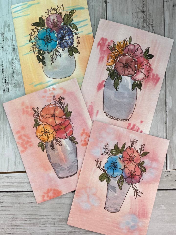 Watercolor Floral Bouquet Cards, Set Of 4 Blank Cards for wholesale by Lone Fir Artisans