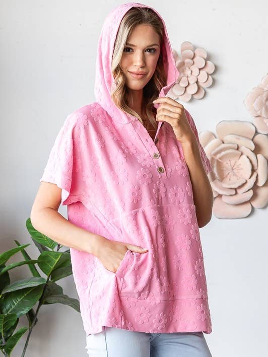 T5678HE11PL-Plus Floral Jacquard Short Sleeve Hoodie Top for wholesale by Sunday Morning