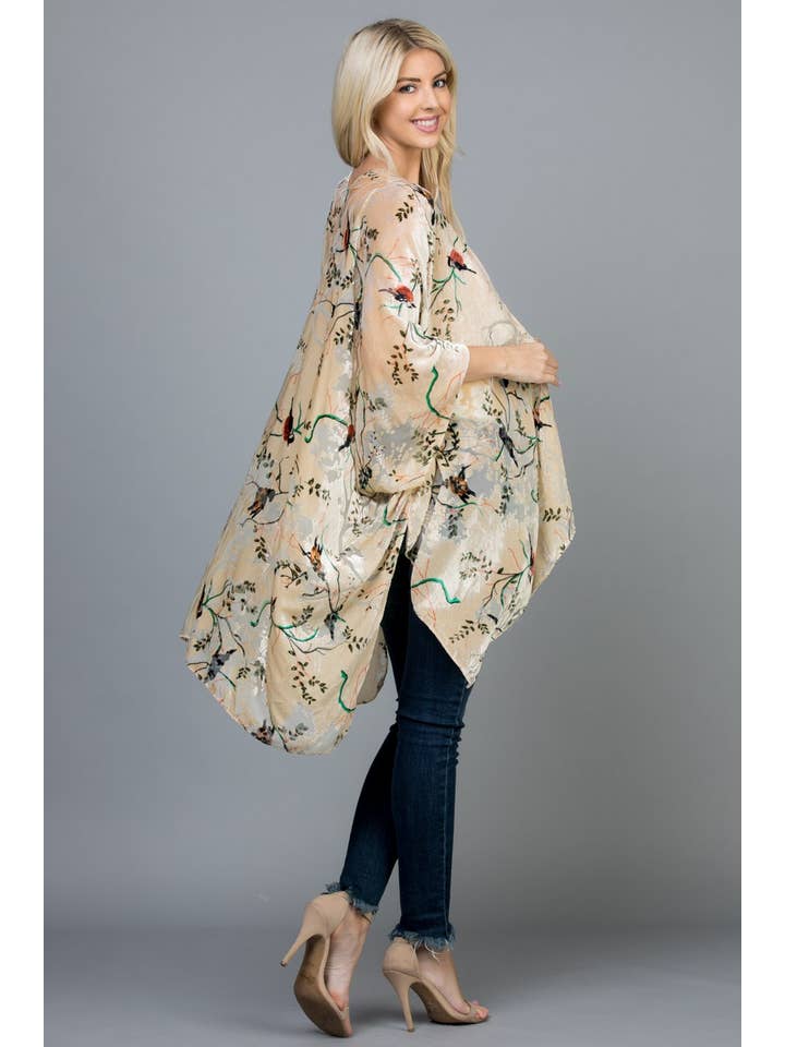 LA Soul - Wholesale Kimono - Women's - Bird With Branches Print Velvet Kimono