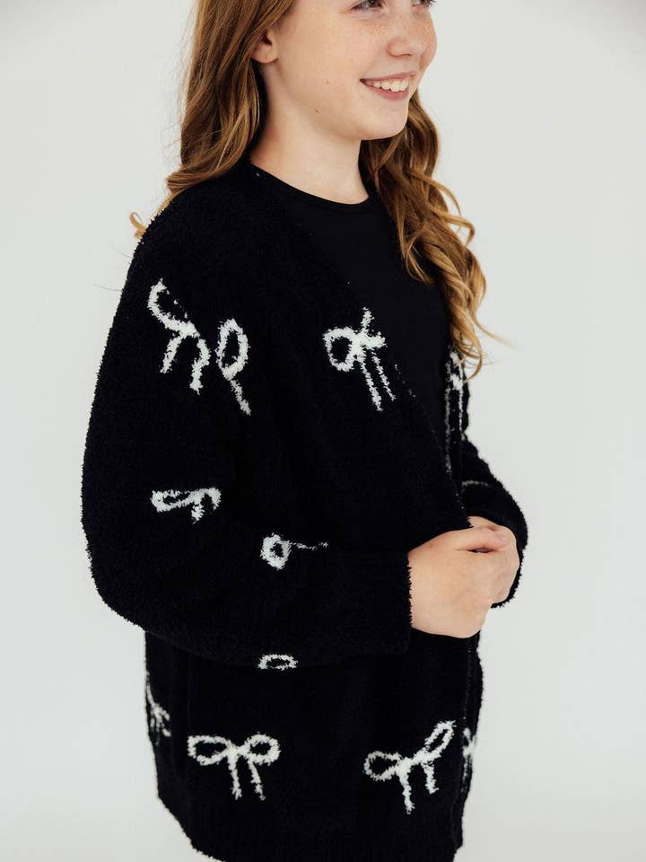 Mila & Rose - Wholesale Cardigan - Kids - Black/Coconut Bow Cozy Cardigan0