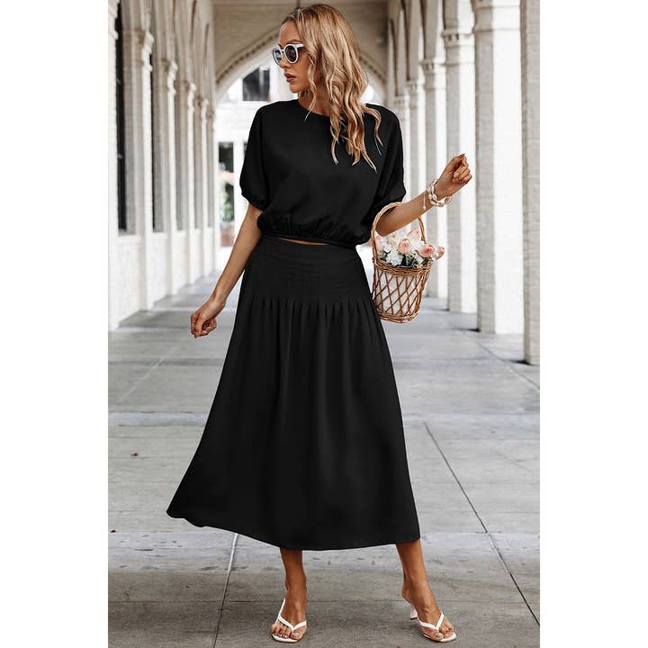 Supreme Fashion - Wholesale Top & Skirt Set - Women's - Two Pieces Solid Color Loose Puff Sleeve Pleated Sets6