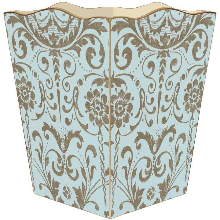 Aqua & Taupe Damask Wastepaper Basket for wholesale by Marye-Kelley