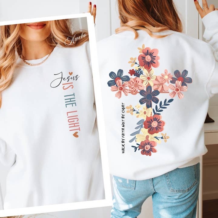 STRONG N FREE CDN - Wholesale Graphic Sweatshirt - Unisex - T-Shirt Sweatshirt Hoodie Floral Faith Cross Print – "Jesus is the Light"1