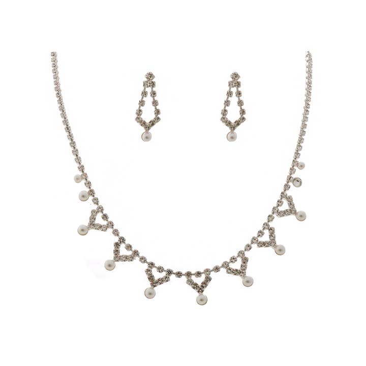 Set di Gioielli da Sposa Collana e Orecchini a Forma di V in Argento con Perle per la vendita all'ingrosso da parte di Cool Crystals