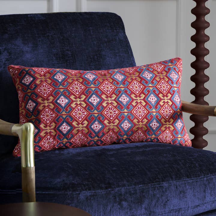 Laurel Embroidered Velvet Cushion Ruby/Gold for wholesale by Riva Home