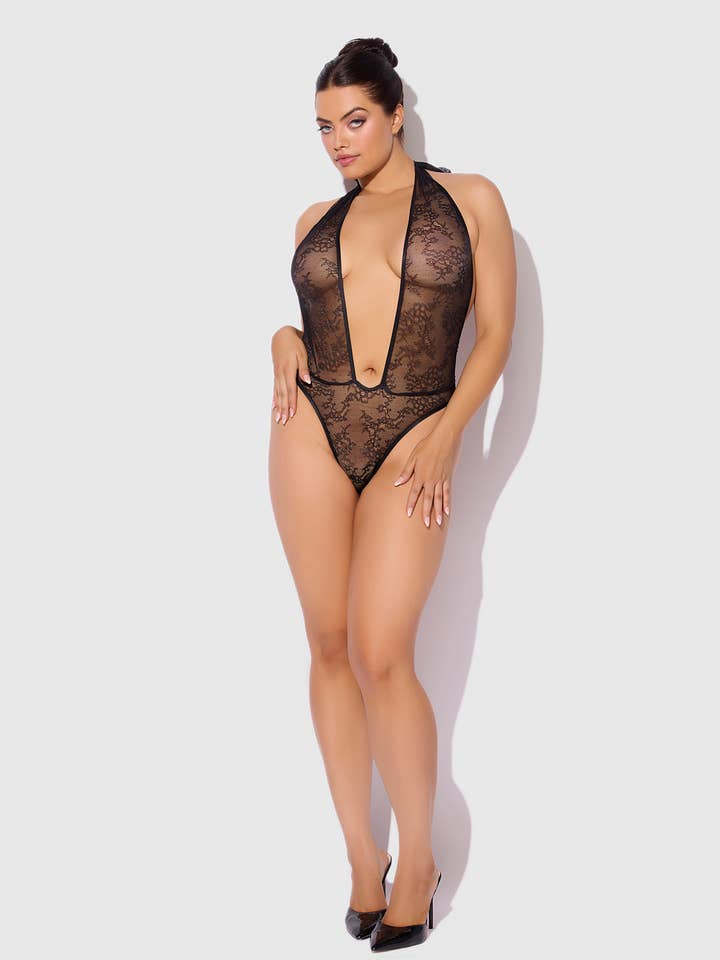House of Desire – Engroshandel Bodysuit undertøj - Dame – Kiki Blonde Halter Teddy med dyb udskæring2