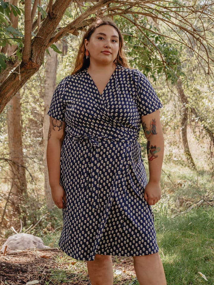Katie Plus Size Wrap Dress Micro Floral Navy for wholesale by Mata Traders