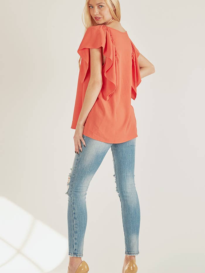 KORALLENROT SPT5209P - PLUS SOLID KURZES OBERTEIL MIT RÜSCHENÄRMELN UND LOCKERER PASSFORM für den Großhandel auf Faire7