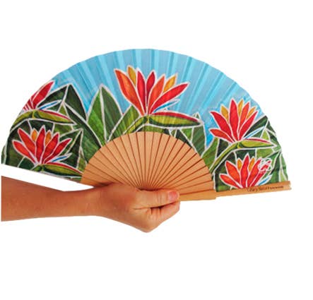 SECO-SECO - Vente Éventail - Éventail Strelitzia en bois de bouleau verni et tissu semi-soie2