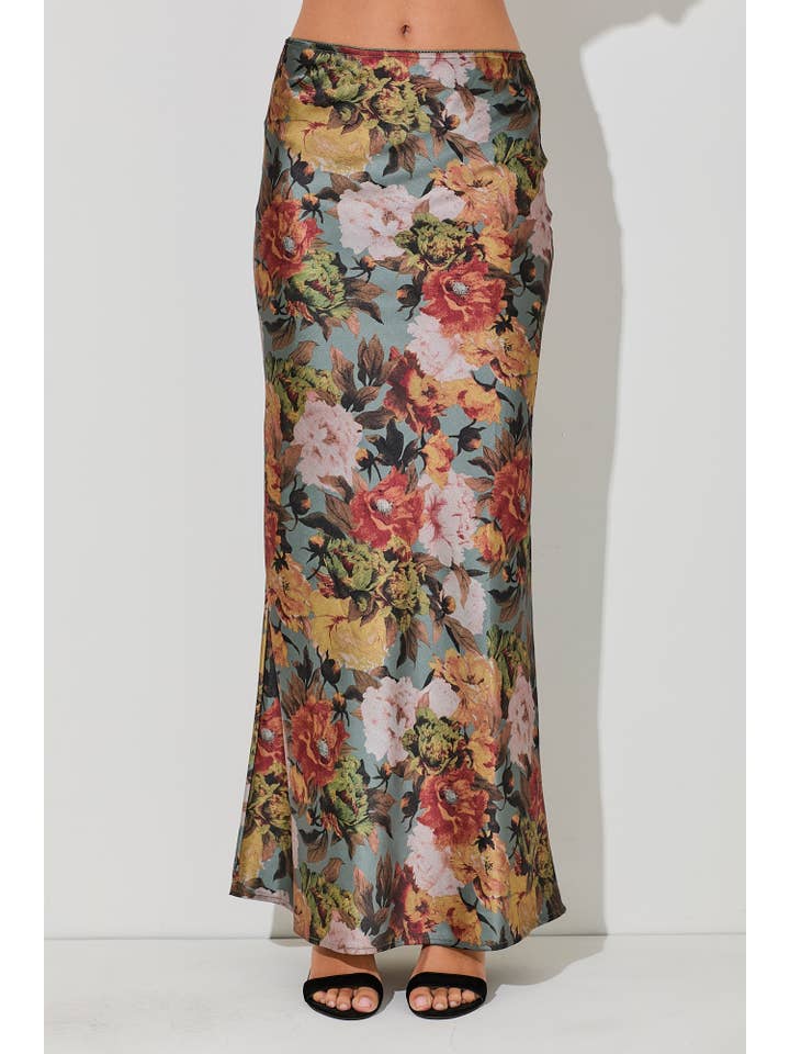 Baevely by Wellmade USA - Wholesale Skirt - Women's - FLORAL SATIN MAXI SKIRT WITH SLIT