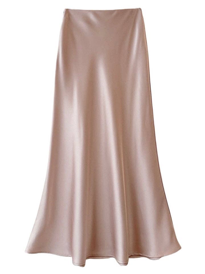 coffee Sateen Maxi Skirt with Elastic Waistband and invisible zipper ( Coffee) for wholesale on Faire7