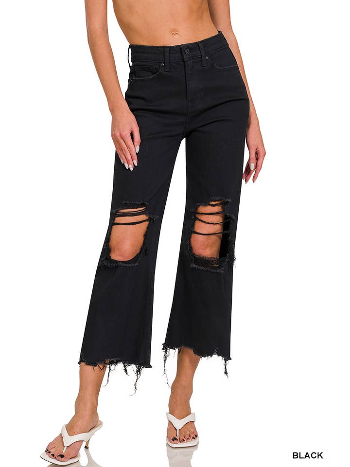 BLACK Distressed Knee Flare Crop High-Waist Pants for wholesale on Faire