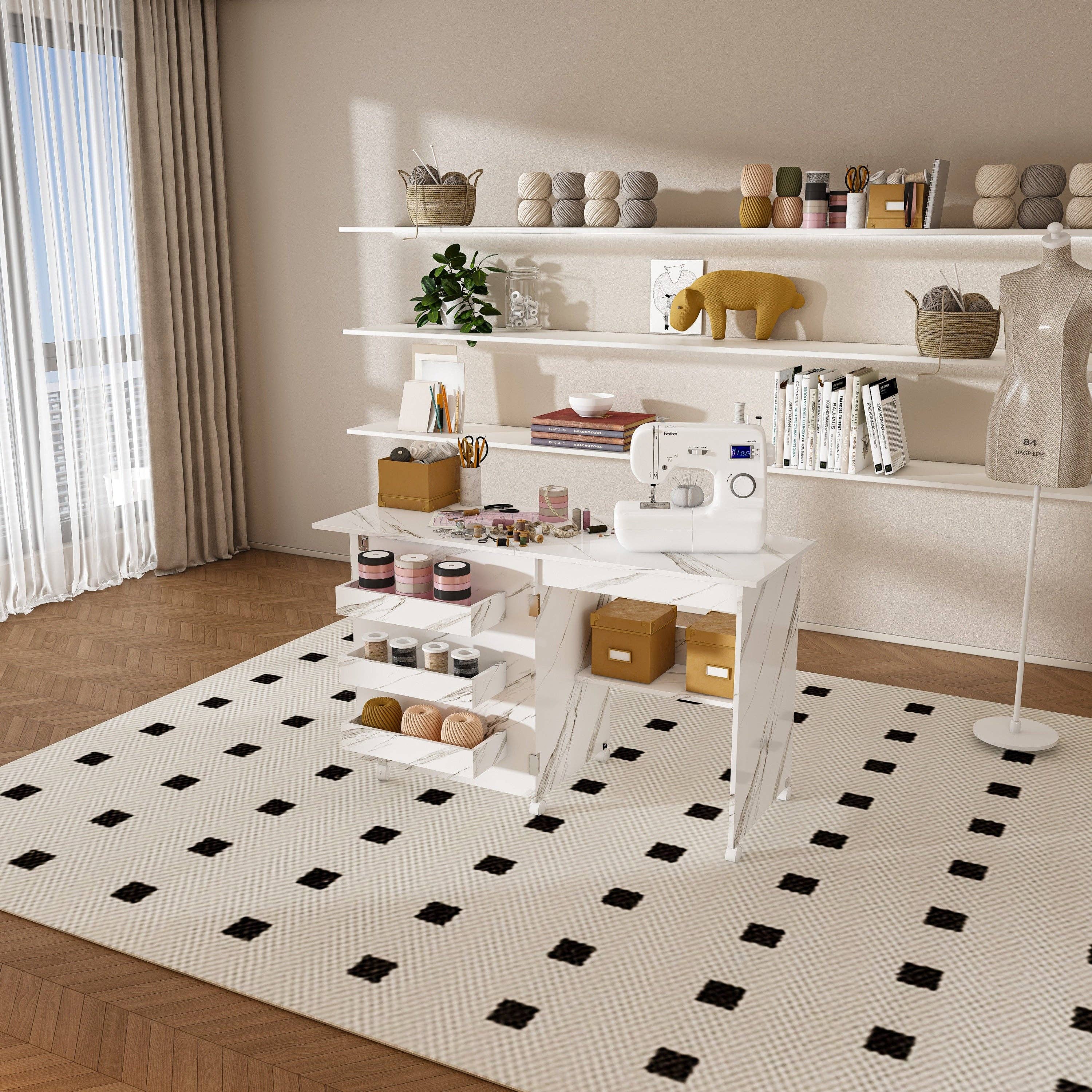 39F Inc. - Wholesale Craft Supplies - 4-in-1 Folding Sewing Table w/Lockable Wheels (White MDF)12