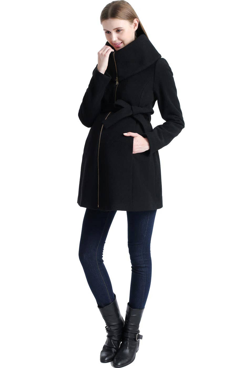 Kimi + Kai Maternity "Mia" Wool Blend Fold Collar Coat Black for wholesale on Faire2