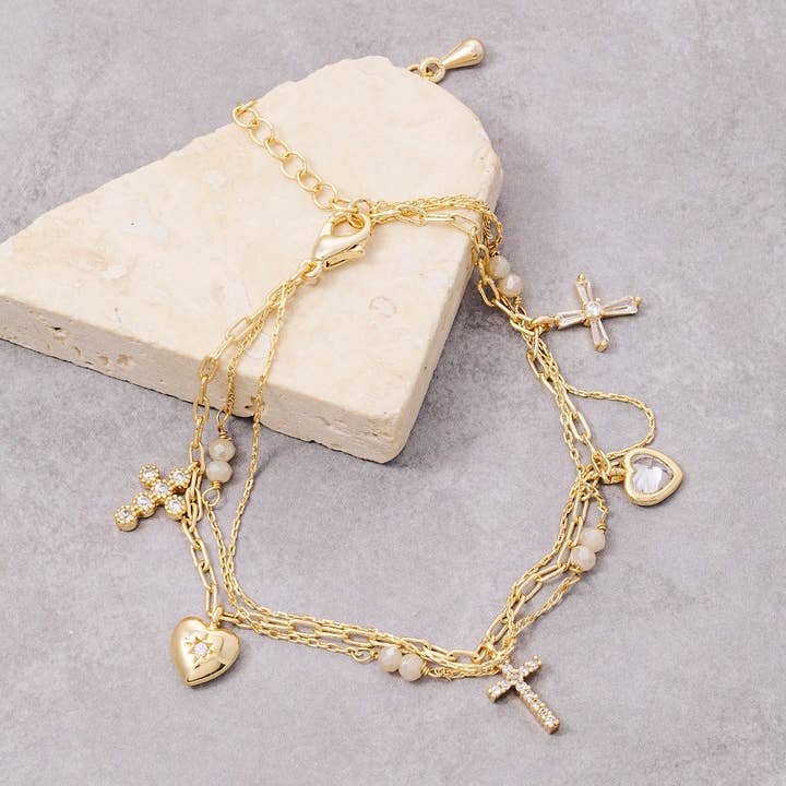Gold Dipped Assorted Charms Dainty Chain Bracelet for wholesale by The Looks by Fame Accessories