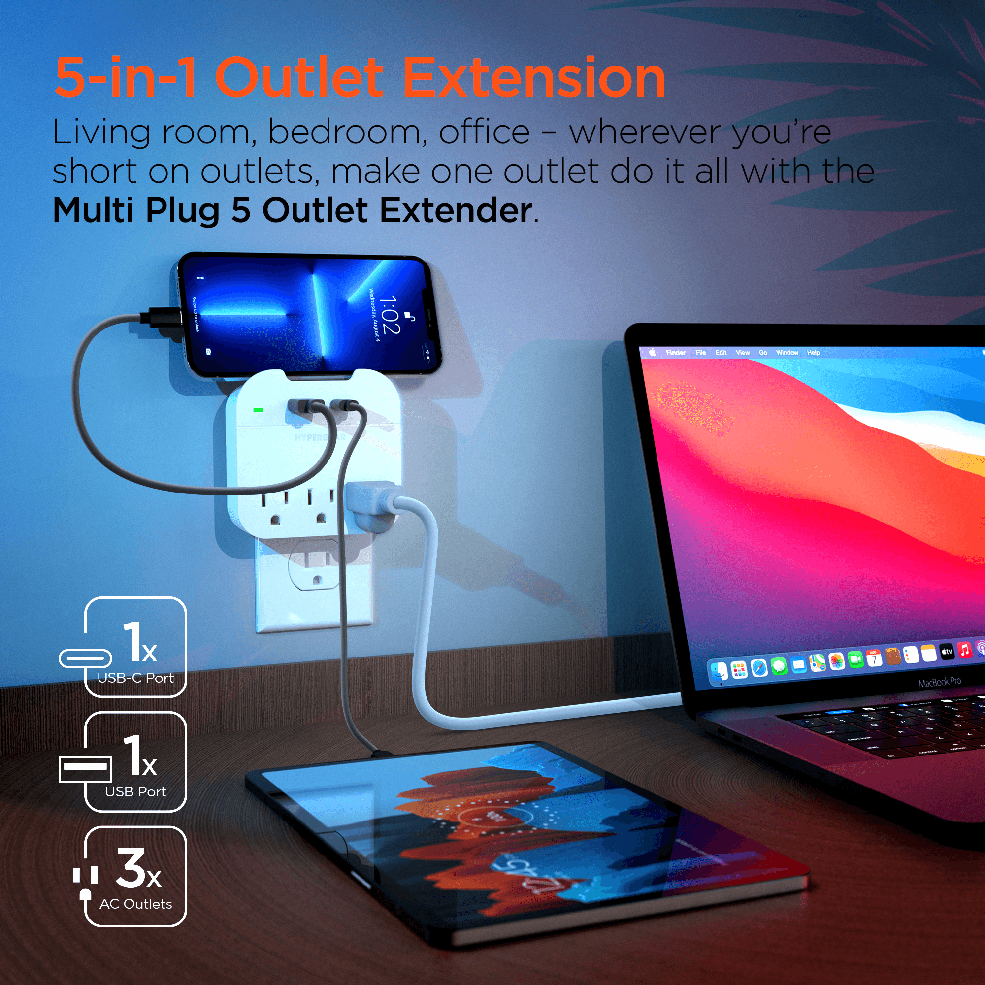 JupiterGear Home - Venta al por mayor Adaptador de corriente - Ladrón de Pared HyperGear con 3 Enchufes1