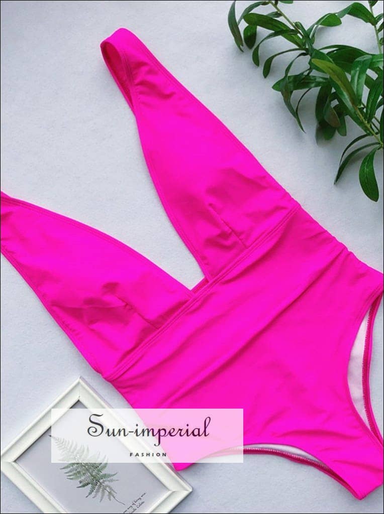 Sun Imperial - Wholesale One Piece Swimsuit - Women's - Women Plain Wine Red One Piece Swimsuit With Deep V Cut6