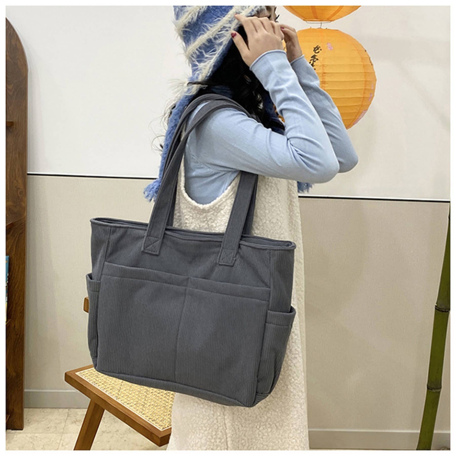 wandf - Wholesale Shoulder Bag - Women's - Casual Solid Color Corduroy Zippered Shoulder Bag Tote13