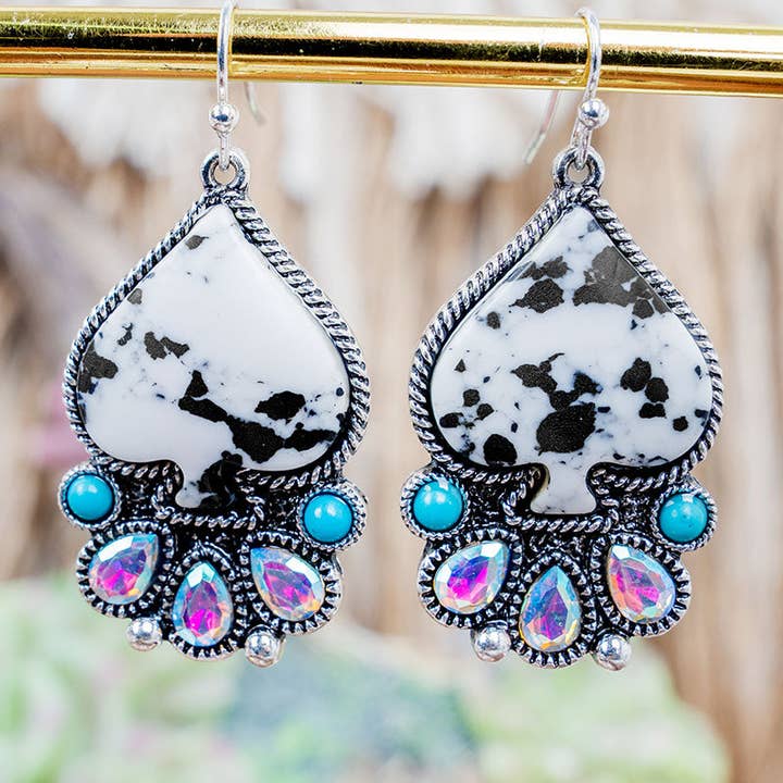 Wholesale Accessory Market - Wholesale Dangle Earrings - Rogue Edge Howlite Spade Silvertone Earrings0