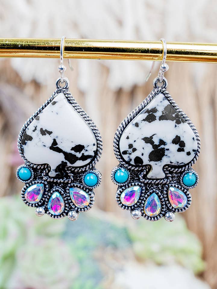 Rogue Edge Howlite Spade Silvertone Earrings for wholesale by Wholesale Accessory Market