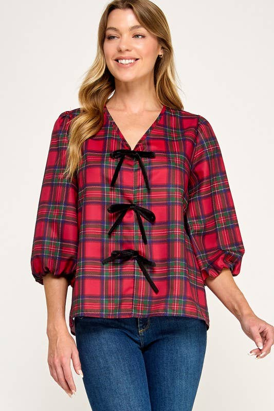 MintChoco - Wholesale Screen Printed T-Shirt - Women's - Plaid Holiday tie front blouse1