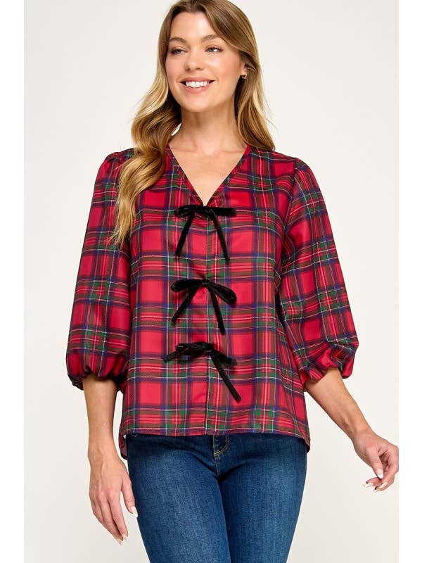 MintChoco - Wholesale Screen Printed T-Shirt - Women's - Plaid Holiday tie front blouse1