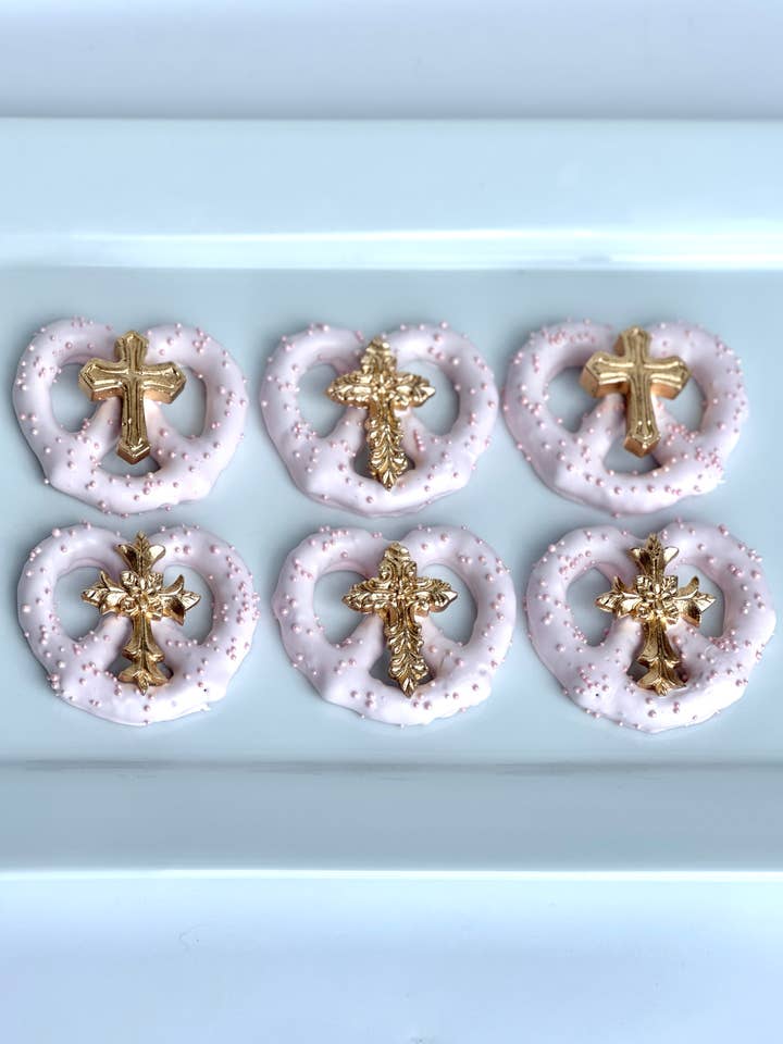 Gold Cross Pink Pretzel TwistsĀ for wholesale by Delightful Chocolates