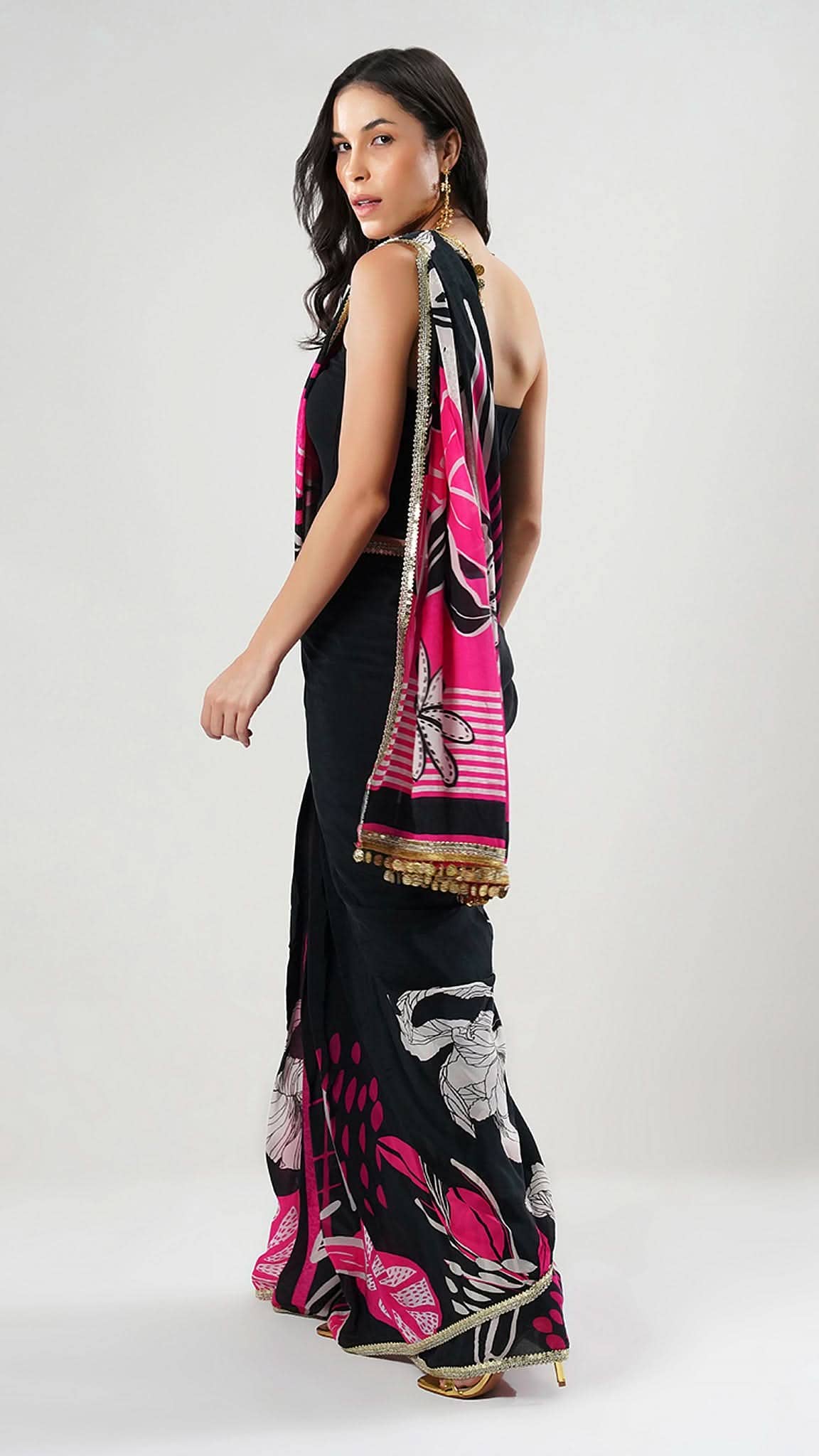 Black Nesavaali Mithra Pre-Stitched Printed Saree - Effortless Elegance for wholesale on Faire1